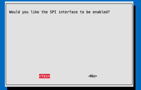 raspi-config tool interface with yes selected to enable SPI.