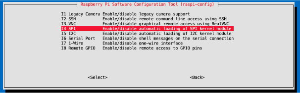raspi-config tool interface with SPI selected.